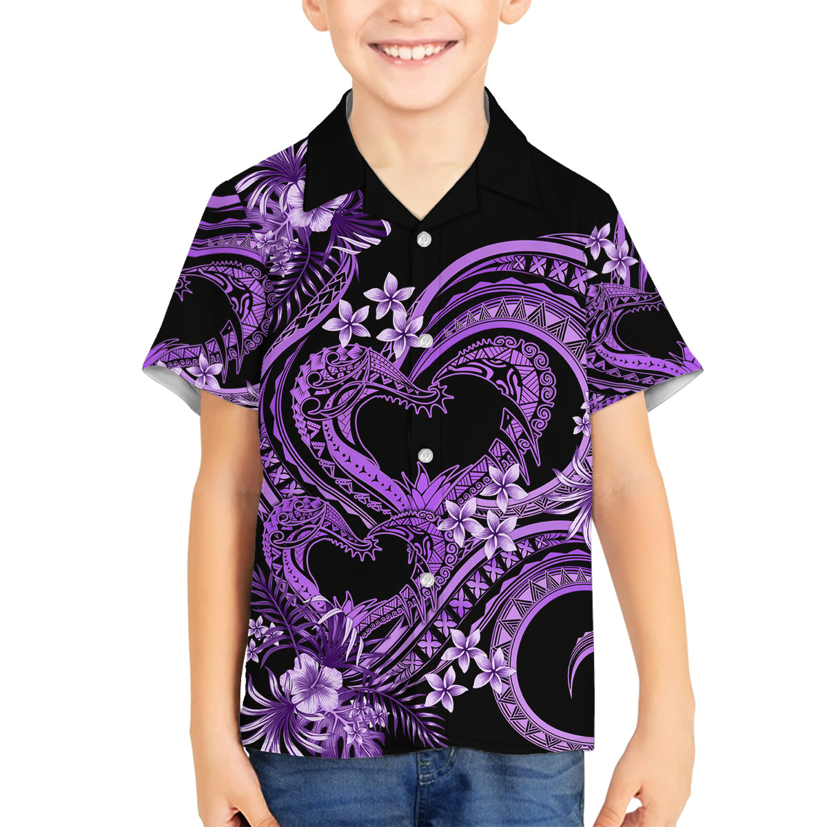 Polynesia Valentines Day Forever In My Heart Tattoo Family Matching Tank Maxi Dress and Hawaiian Shirt Purple Style LT9 Son's Shirt Purple - Polynesian Pride
