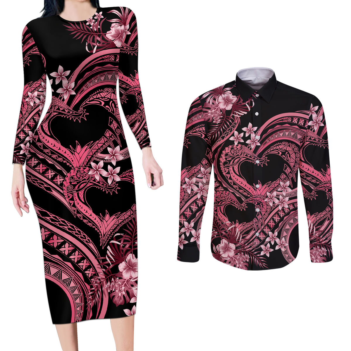 Polynesia Valentines Day Forever In My Heart Tattoo Couples Matching Long Sleeve Bodycon Dress and Long Sleeve Button Shirt Pink Style LT9 Pink - Polynesian Pride