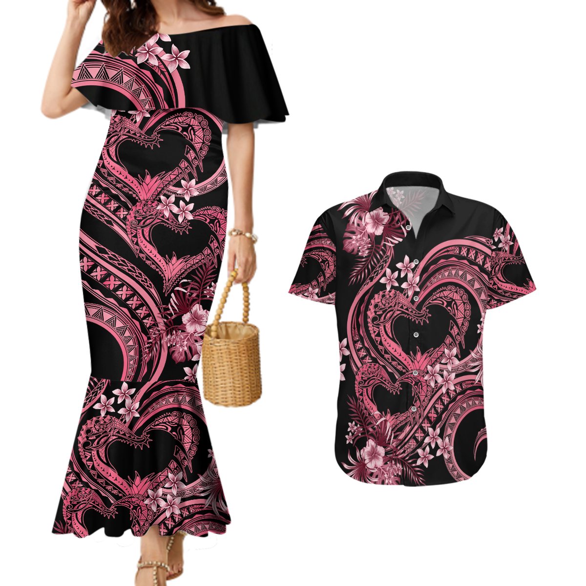 Polynesia Valentines Day Forever In My Heart Tattoo Couples Matching Mermaid Dress and Hawaiian Shirt Pink Style LT9 Pink - Polynesian Pride