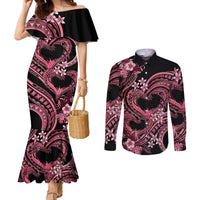 Polynesia Valentines Day Forever In My Heart Tattoo Couples Matching Mermaid Dress and Long Sleeve Button Shirt Pink Style LT9 Pink - Polynesian Pride