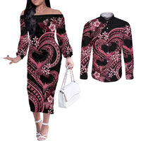 Polynesia Valentines Day Forever In My Heart Tattoo Couples Matching Off The Shoulder Long Sleeve Dress and Long Sleeve Button Shirt Pink Style LT9 Pink - Polynesian Pride