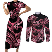 Polynesia Valentines Day Forever In My Heart Tattoo Couples Matching Short Sleeve Bodycon Dress and Long Sleeve Button Shirt Pink Style LT9 Pink - Polynesian Pride