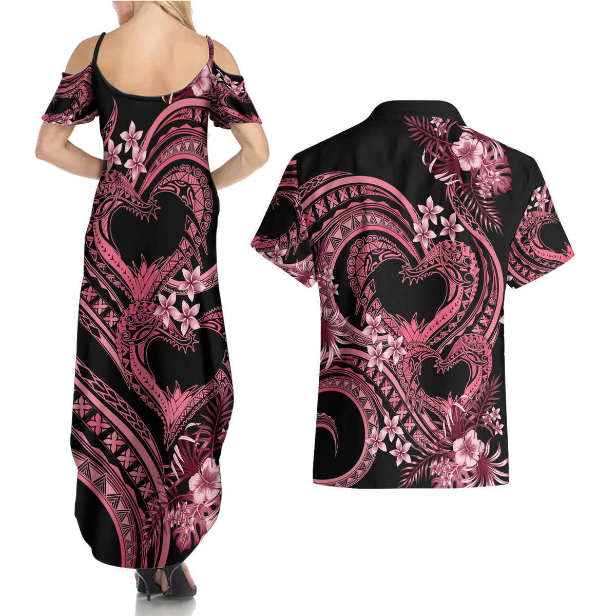 Polynesia Valentines Day Forever In My Heart Tattoo Couples Matching Summer Maxi Dress and Hawaiian Shirt Pink Style LT9 - Polynesian Pride