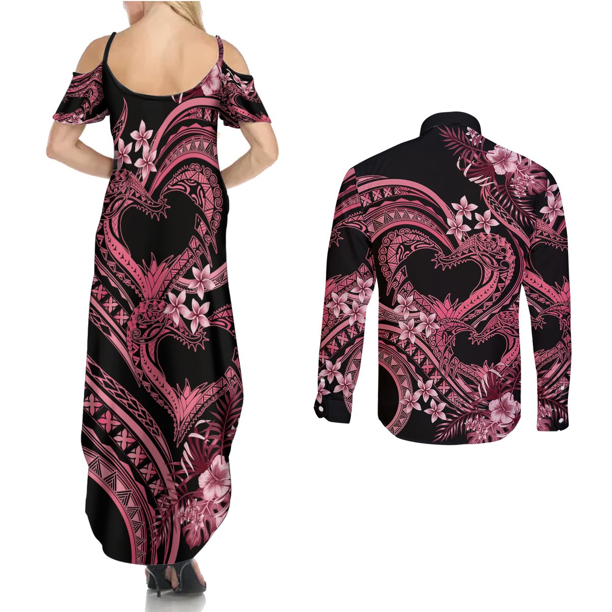 Polynesia Valentines Day Forever In My Heart Tattoo Couples Matching Summer Maxi Dress and Long Sleeve Button Shirt Pink Style LT9 - Polynesian Pride