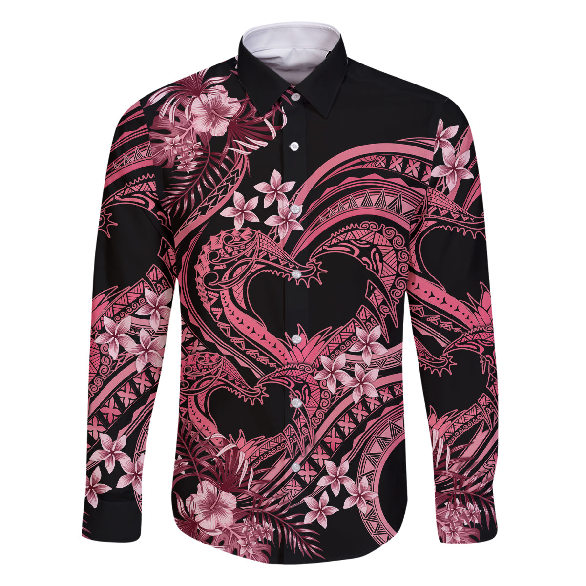 Polynesia Valentines Day Forever In My Heart Tattoo Family Matching Mermaid Dress and Hawaiian Shirt Pink Style LT9 Dad's Shirt - Long Sleeve Pink - Polynesian Pride