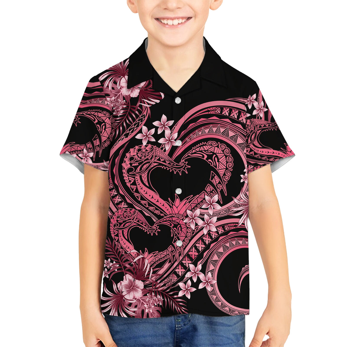 Polynesia Valentines Day Forever In My Heart Tattoo Family Matching Off Shoulder Short Dress and Hawaiian Shirt Pink Style LT9 Son's Shirt Pink - Polynesian Pride