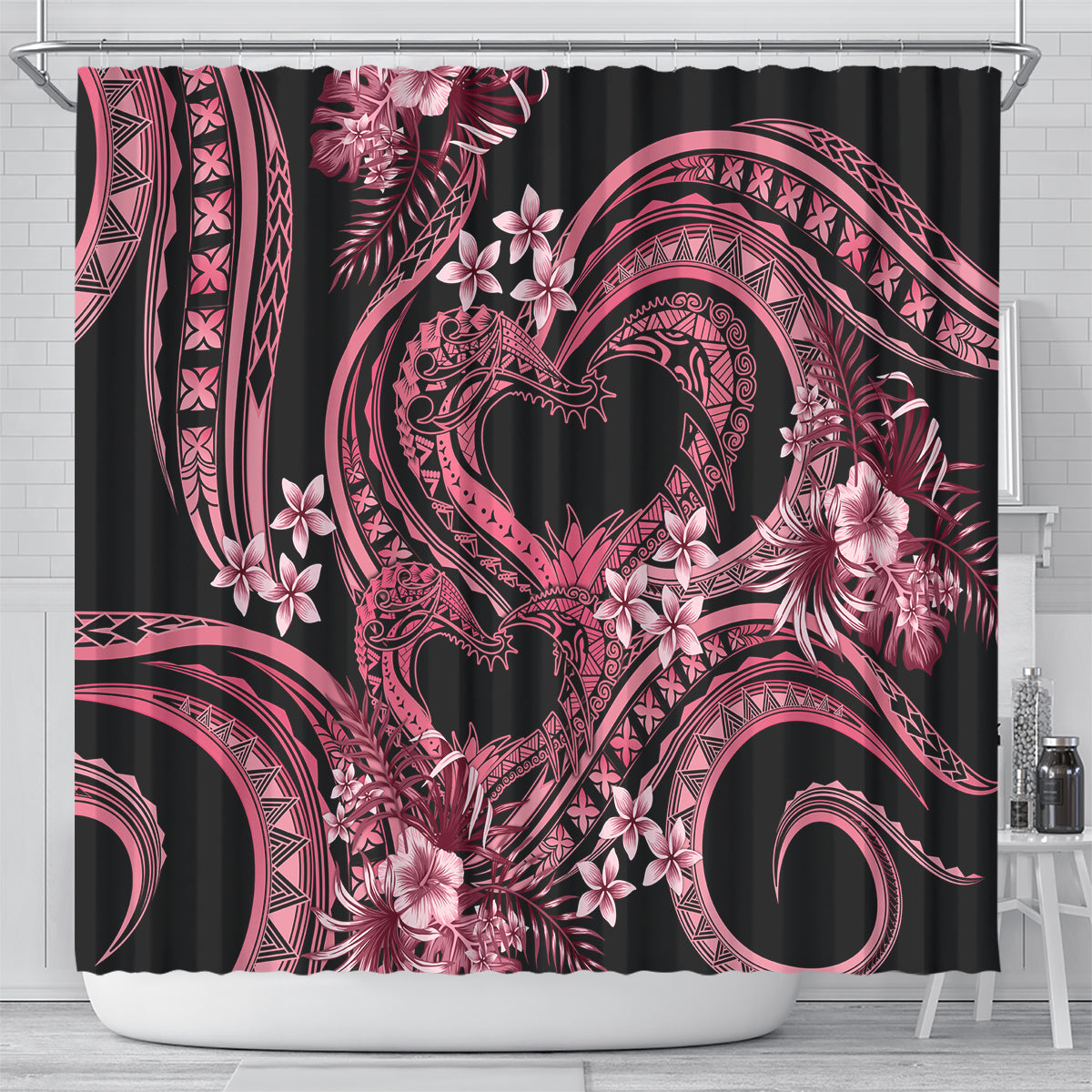 Polynesia Valentines Day Forever In My Heart Tattoo Shower Curtain Pink Style LT9 - Polynesian Pride