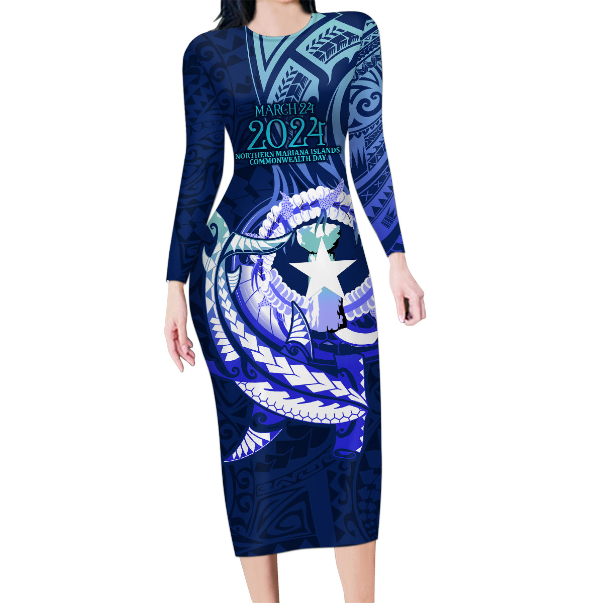 Personalised Northern Mariana Islands Family Matching Long Sleeve Bodycon Dress and Hawaiian Shirt Commonwealth Day 2024 LT9 Mom's Dress Ocean Blue - Polynesian Pride