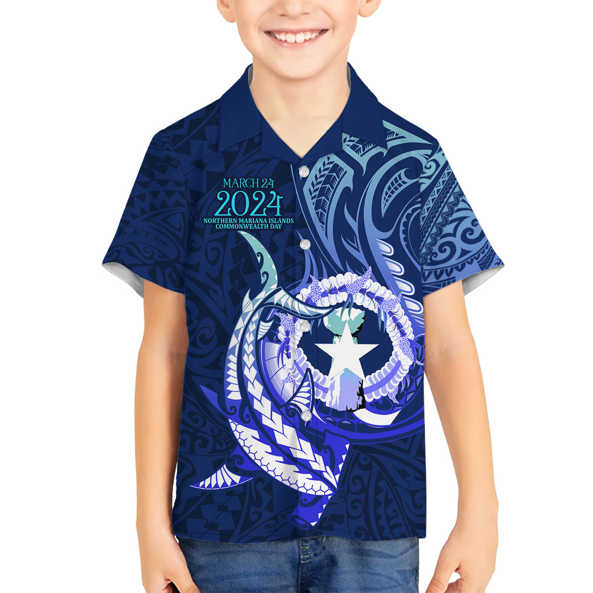 Personalised Northern Mariana Islands Family Matching Off Shoulder Short Dress and Hawaiian Shirt Commonwealth Day 2024 LT9 Son's Shirt Ocean Blue - Polynesian Pride