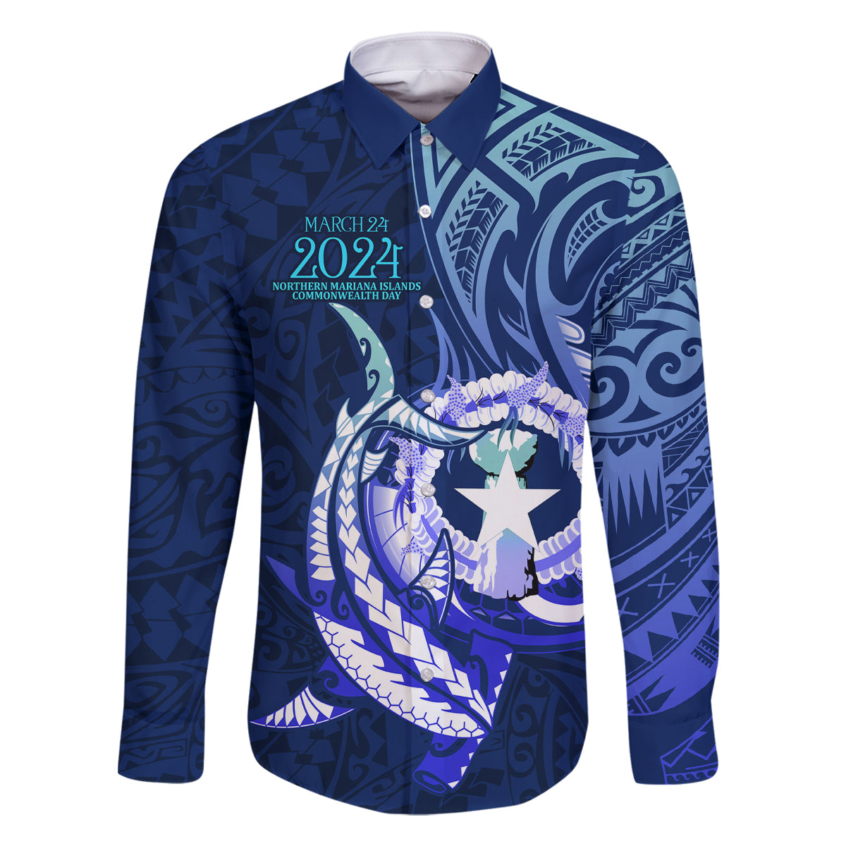 Personalised Northern Mariana Islands Family Matching Summer Maxi Dress and Hawaiian Shirt Commonwealth Day 2024 LT9 Dad's Shirt - Long Sleeve Ocean Blue - Polynesian Pride