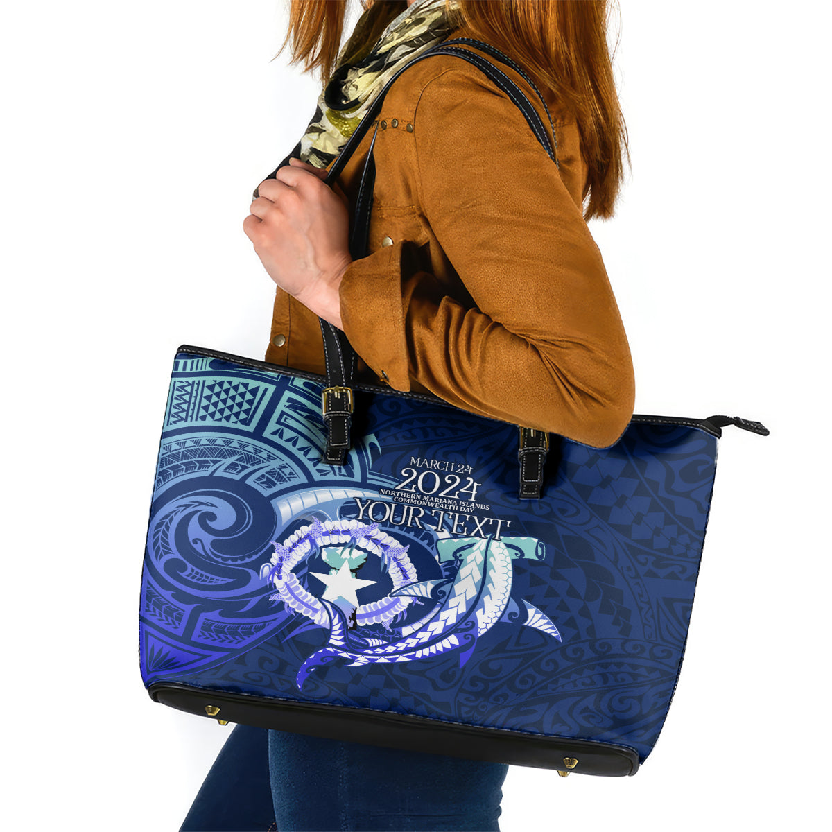 Personalised Northern Mariana Islands Leather Tote Bag Commonwealth Day 2024 LT9 Ocean Blue - Polynesian Pride
