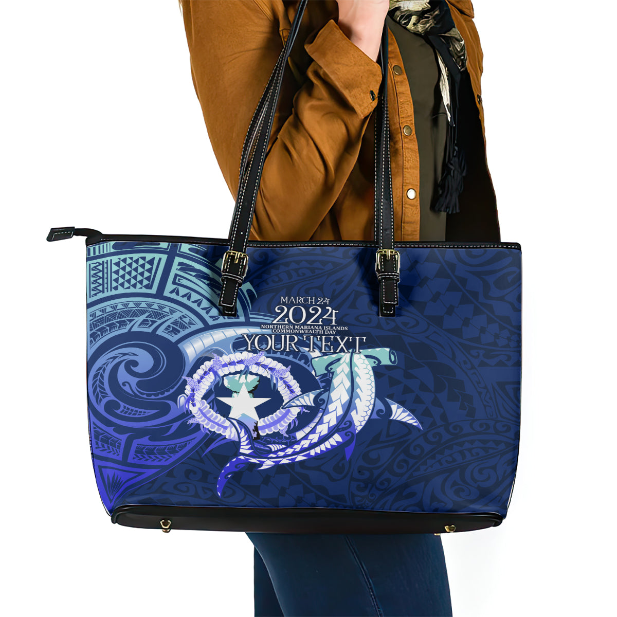 Personalised Northern Mariana Islands Leather Tote Bag Commonwealth Day 2024 LT9 - Polynesian Pride