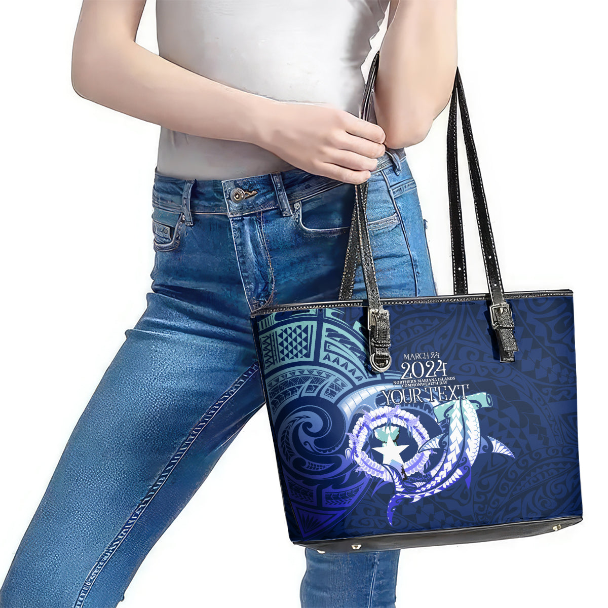 Personalised Northern Mariana Islands Leather Tote Bag Commonwealth Day 2024 LT9 - Polynesian Pride