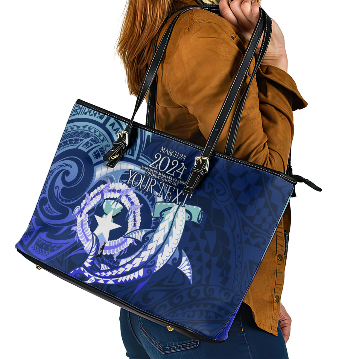 Personalised Northern Mariana Islands Leather Tote Bag Commonwealth Day 2024 LT9 - Polynesian Pride