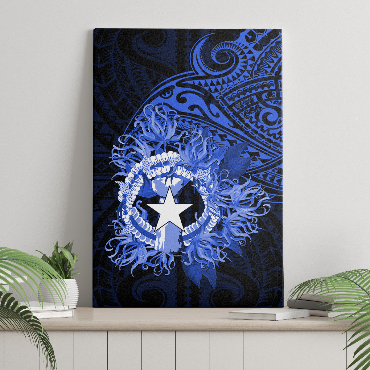 Northern Mariana Islands Ylang-ylang Mwarmwar Canvas Wall Art Polynesian Blue Style LT9 - Polynesian Pride