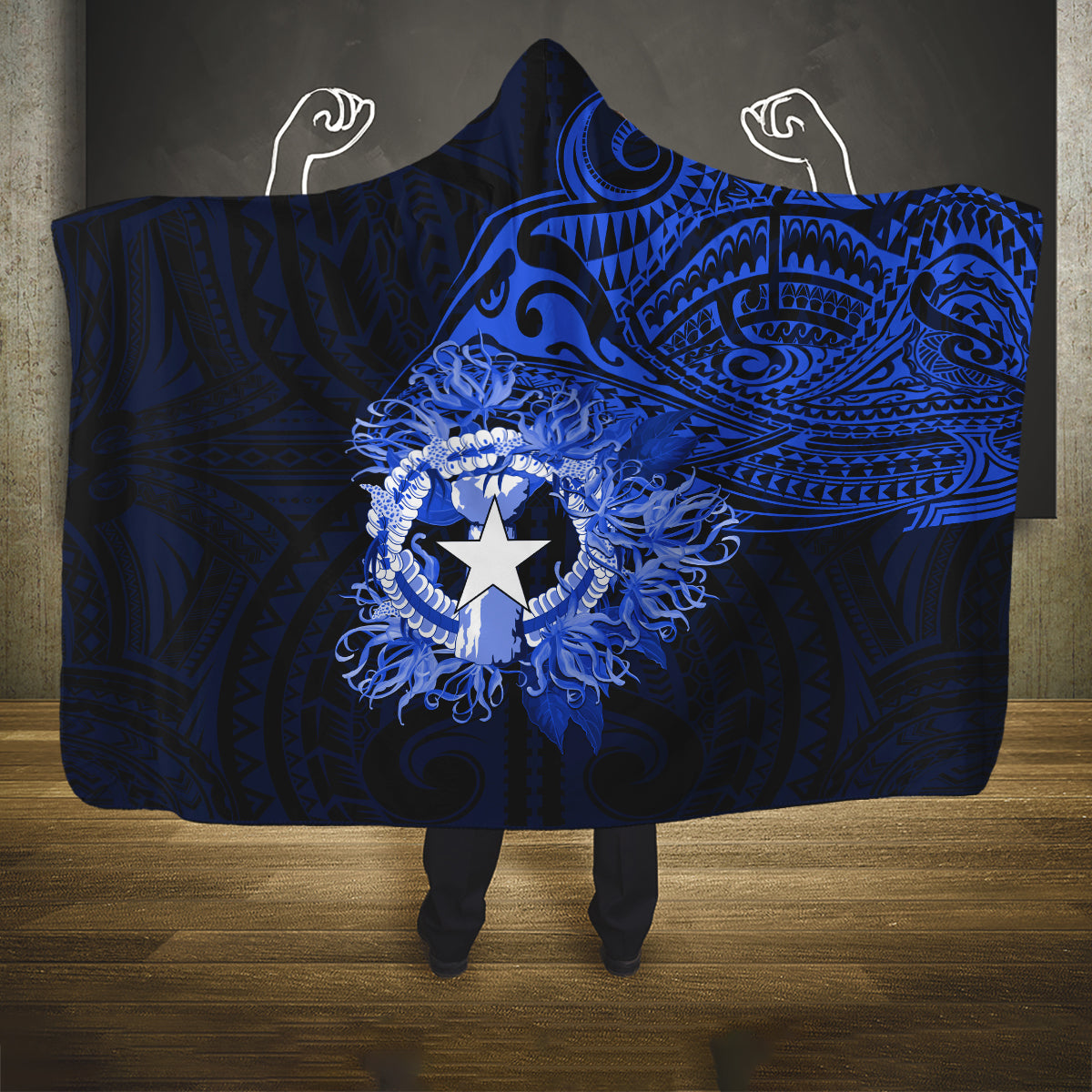 Northern Mariana Islands Ylang-ylang Mwarmwar Hooded Blanket Polynesian Blue Style LT9 One Size Blue - Polynesian Pride