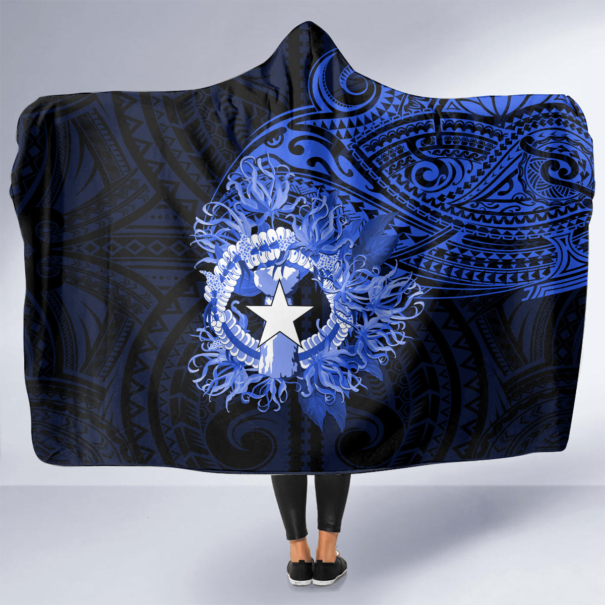 Northern Mariana Islands Ylang-ylang Mwarmwar Hooded Blanket Polynesian Blue Style LT9 - Polynesian Pride