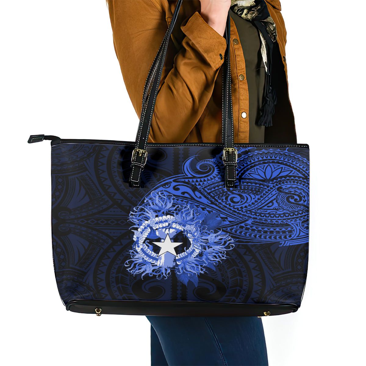 Northern Mariana Islands Ylang-ylang Mwarmwar Leather Tote Bag Polynesian Blue Style LT9 - Polynesian Pride