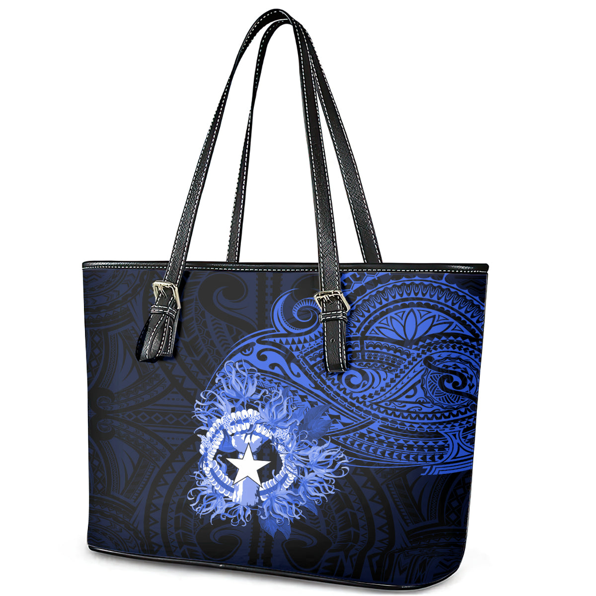 Northern Mariana Islands Ylang-ylang Mwarmwar Leather Tote Bag Polynesian Blue Style LT9 - Polynesian Pride