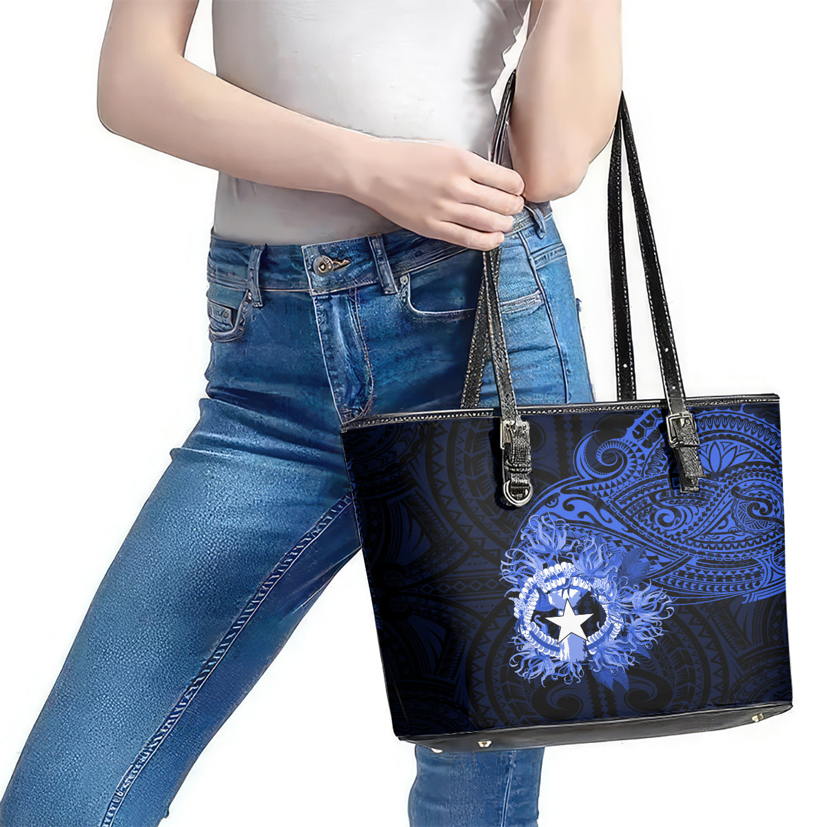 Northern Mariana Islands Ylang-ylang Mwarmwar Leather Tote Bag Polynesian Blue Style LT9 - Polynesian Pride