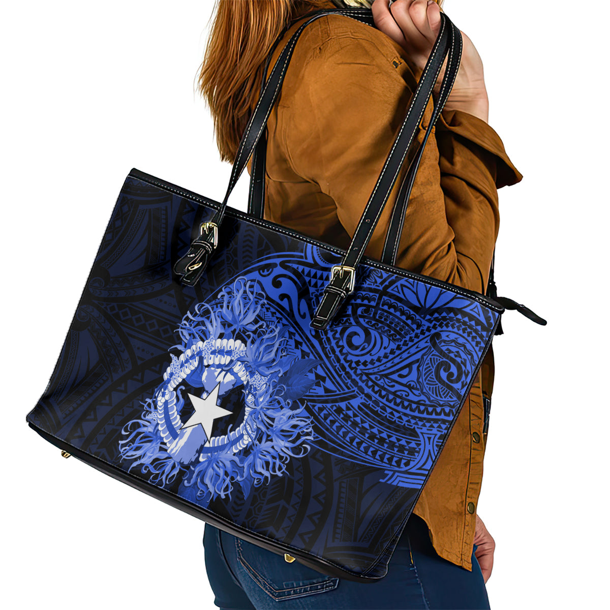 Northern Mariana Islands Ylang-ylang Mwarmwar Leather Tote Bag Polynesian Blue Style LT9 - Polynesian Pride
