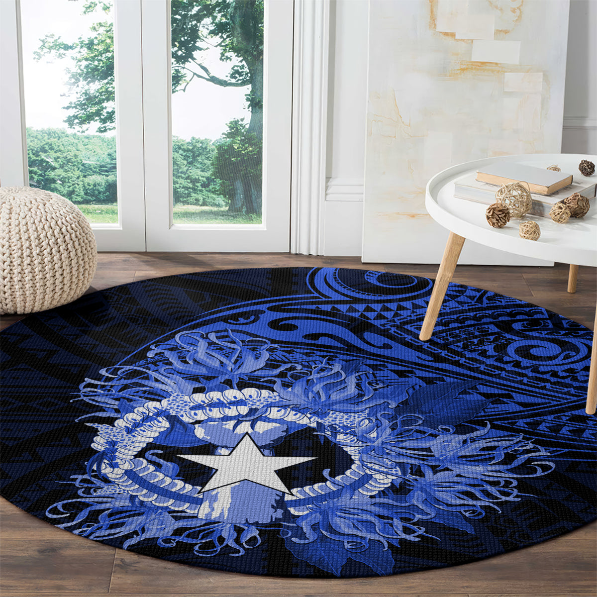 Northern Mariana Islands Ylang-ylang Mwarmwar Round Carpet Polynesian Blue Style