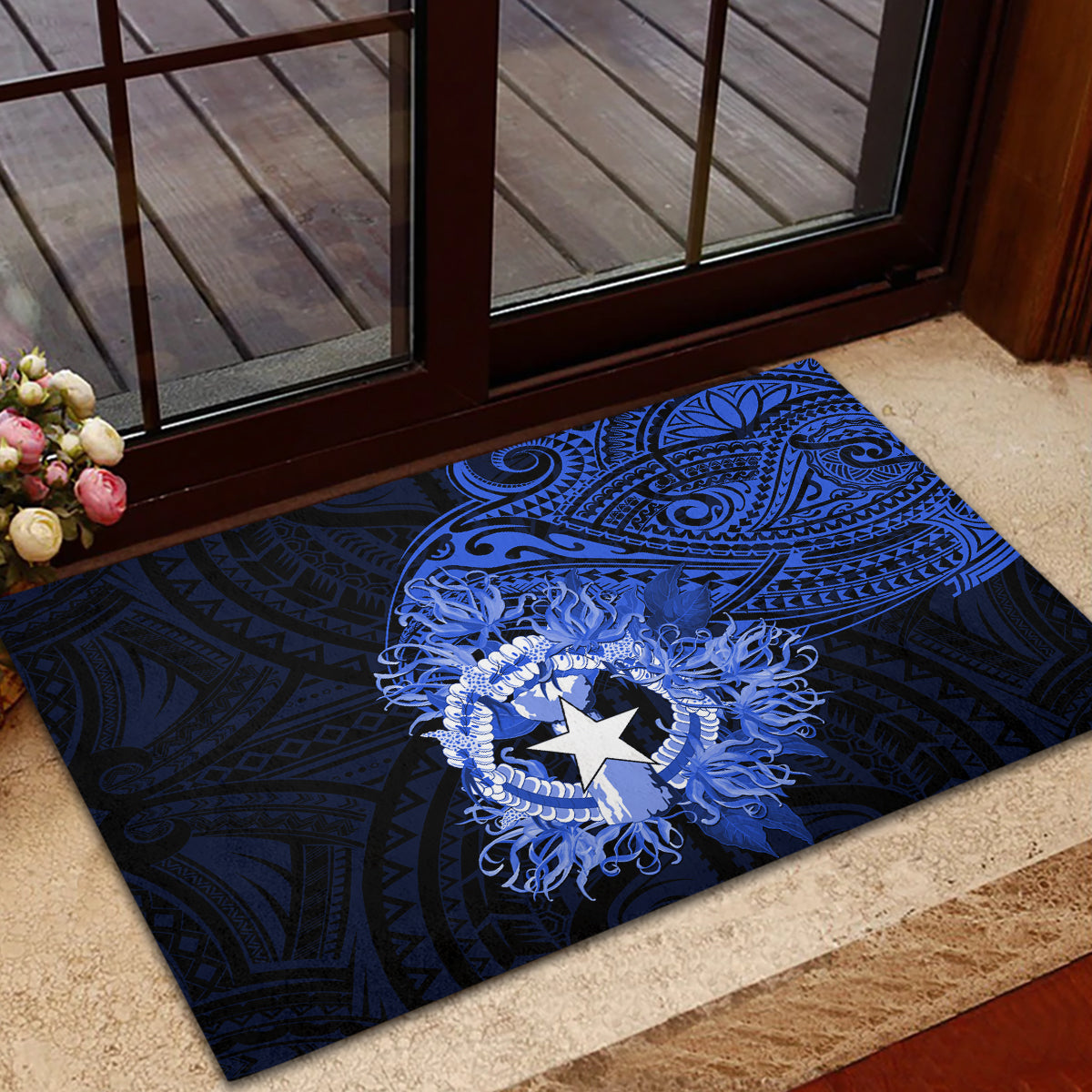 Northern Mariana Islands Ylang-ylang Mwarmwar Rubber Doormat Polynesian Blue Style LT9 - Polynesian Pride