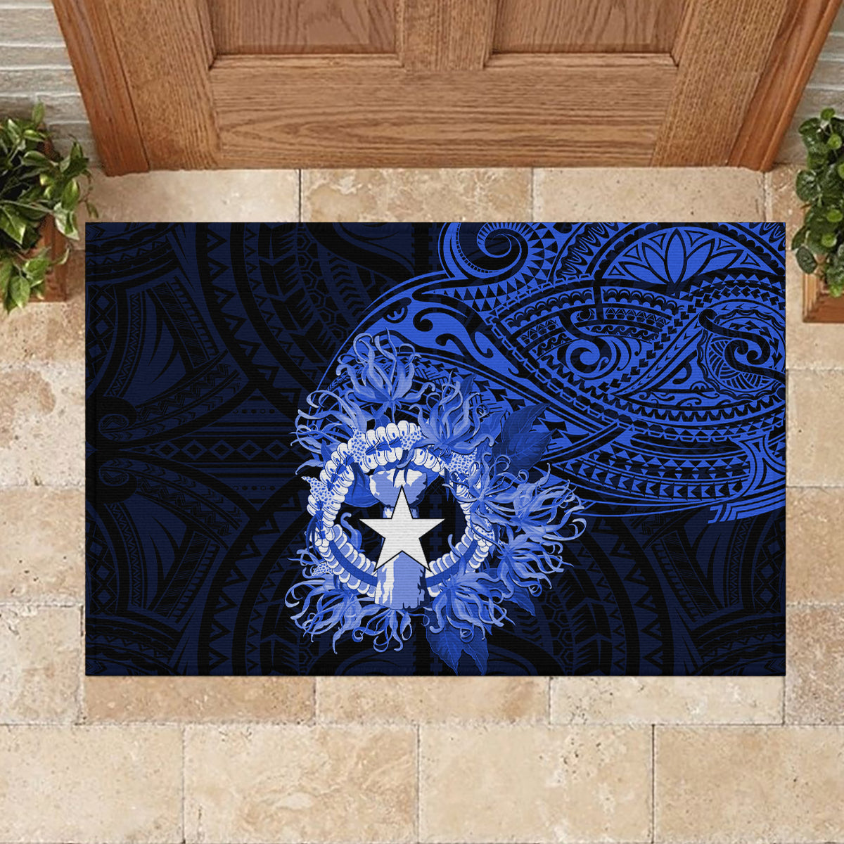 Northern Mariana Islands Ylang-ylang Mwarmwar Rubber Doormat Polynesian Blue Style LT9 - Polynesian Pride