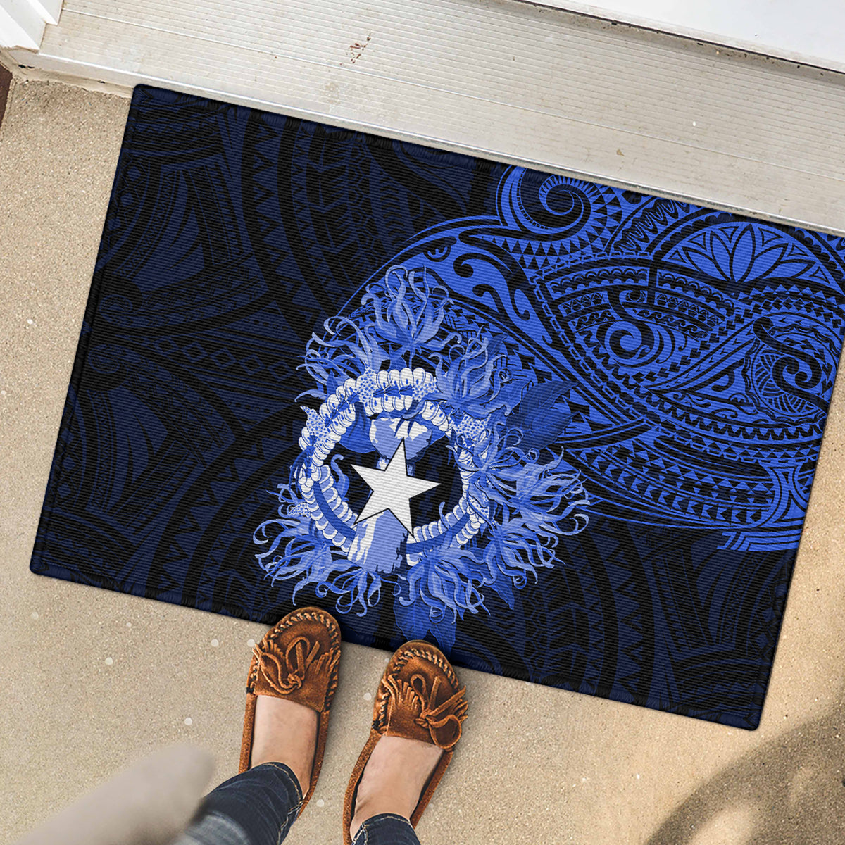 Northern Mariana Islands Ylang-ylang Mwarmwar Rubber Doormat Polynesian Blue Style LT9 - Polynesian Pride