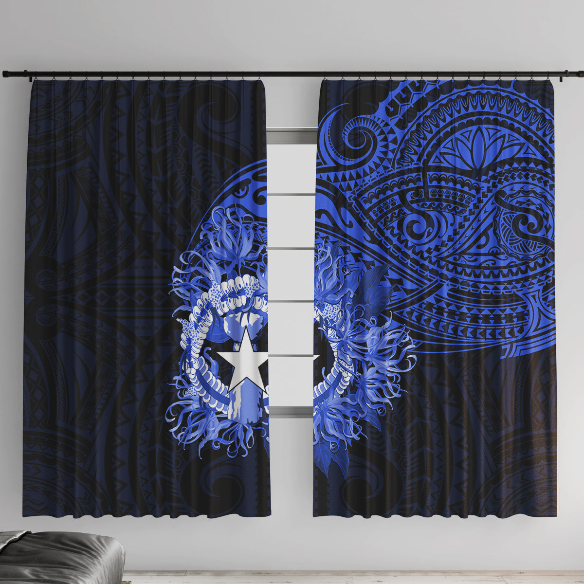 Northern Mariana Islands Ylang-ylang Mwarmwar Window Curtain Polynesian Blue Style LT9 With Hooks Blue - Polynesian Pride