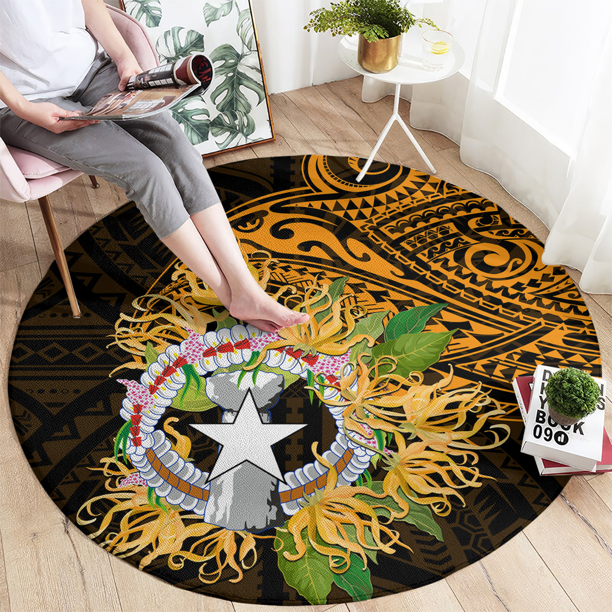 Northern Mariana Islands Ylang-ylang Mwarmwar Round Carpet Polynesian Gold Style LT9 - Polynesian Pride
