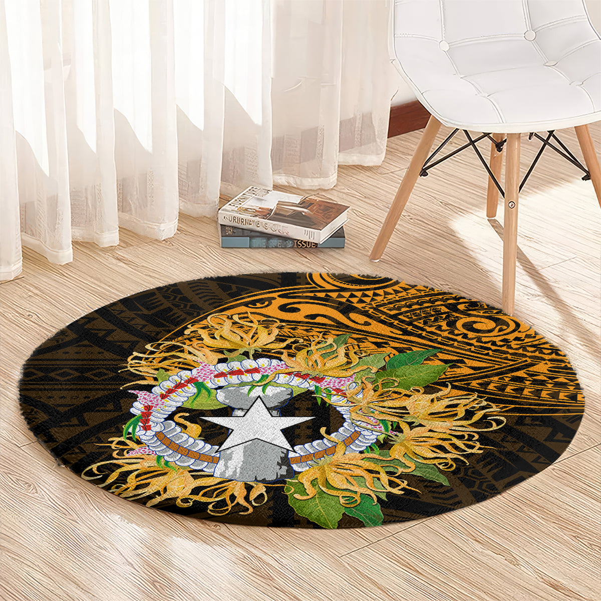 Northern Mariana Islands Ylang-ylang Mwarmwar Round Carpet Polynesian Gold Style LT9 - Polynesian Pride