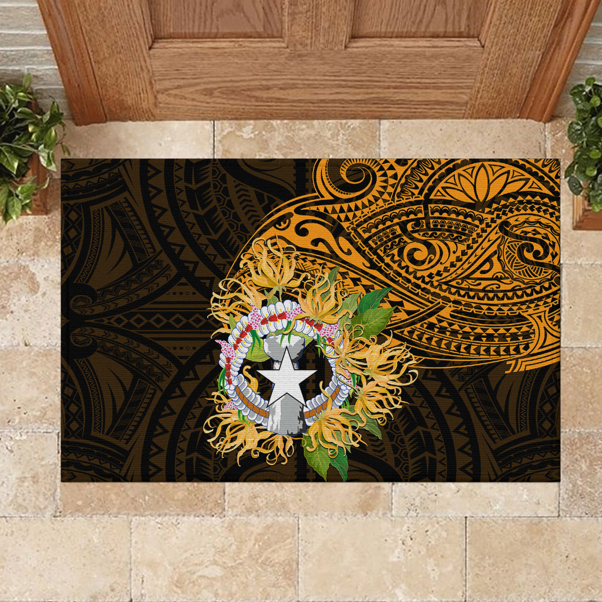 Northern Mariana Islands Ylang-ylang Mwarmwar Rubber Doormat Polynesian Gold Style LT9 - Polynesian Pride