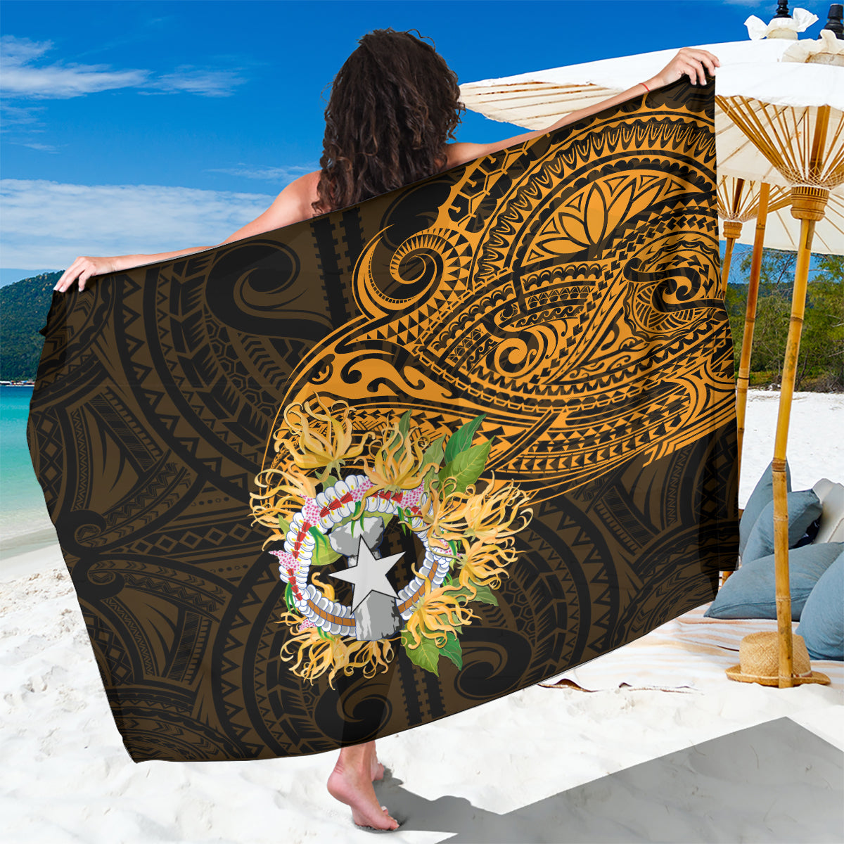 Northern Mariana Islands Ylang-ylang Mwarmwar Sarong Polynesian Gold Style LT9 One Size 44 x 66 inches Gold - Polynesian Pride