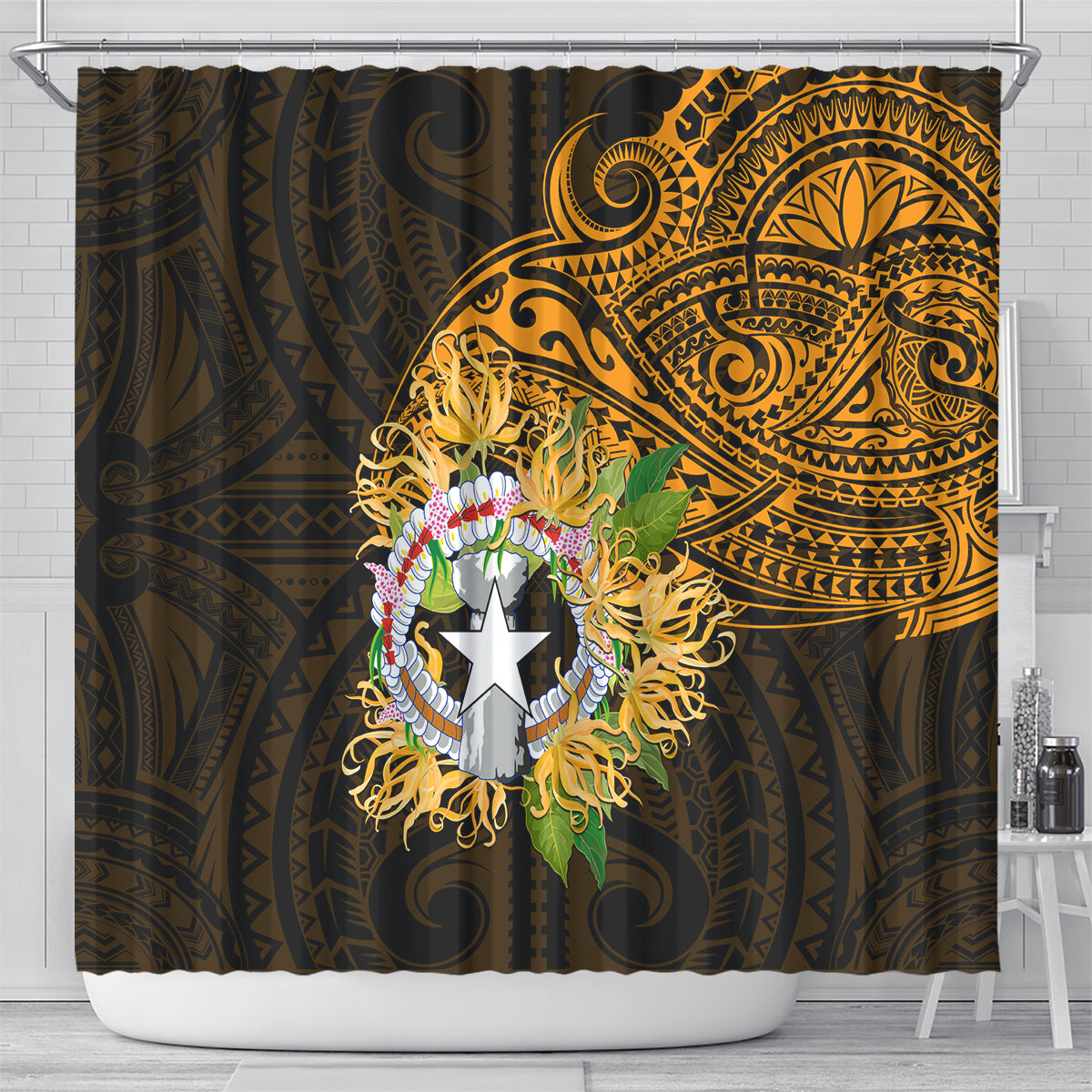 Northern Mariana Islands Ylang-ylang Mwarmwar Shower Curtain Polynesian Gold Style LT9 - Polynesian Pride