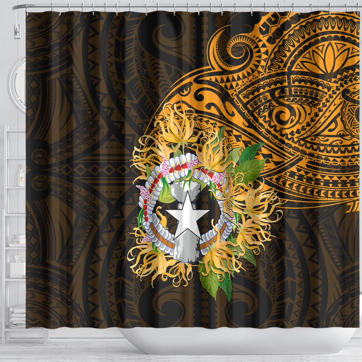 Northern Mariana Islands Ylang-ylang Mwarmwar Shower Curtain Polynesian Gold Style LT9 - Polynesian Pride