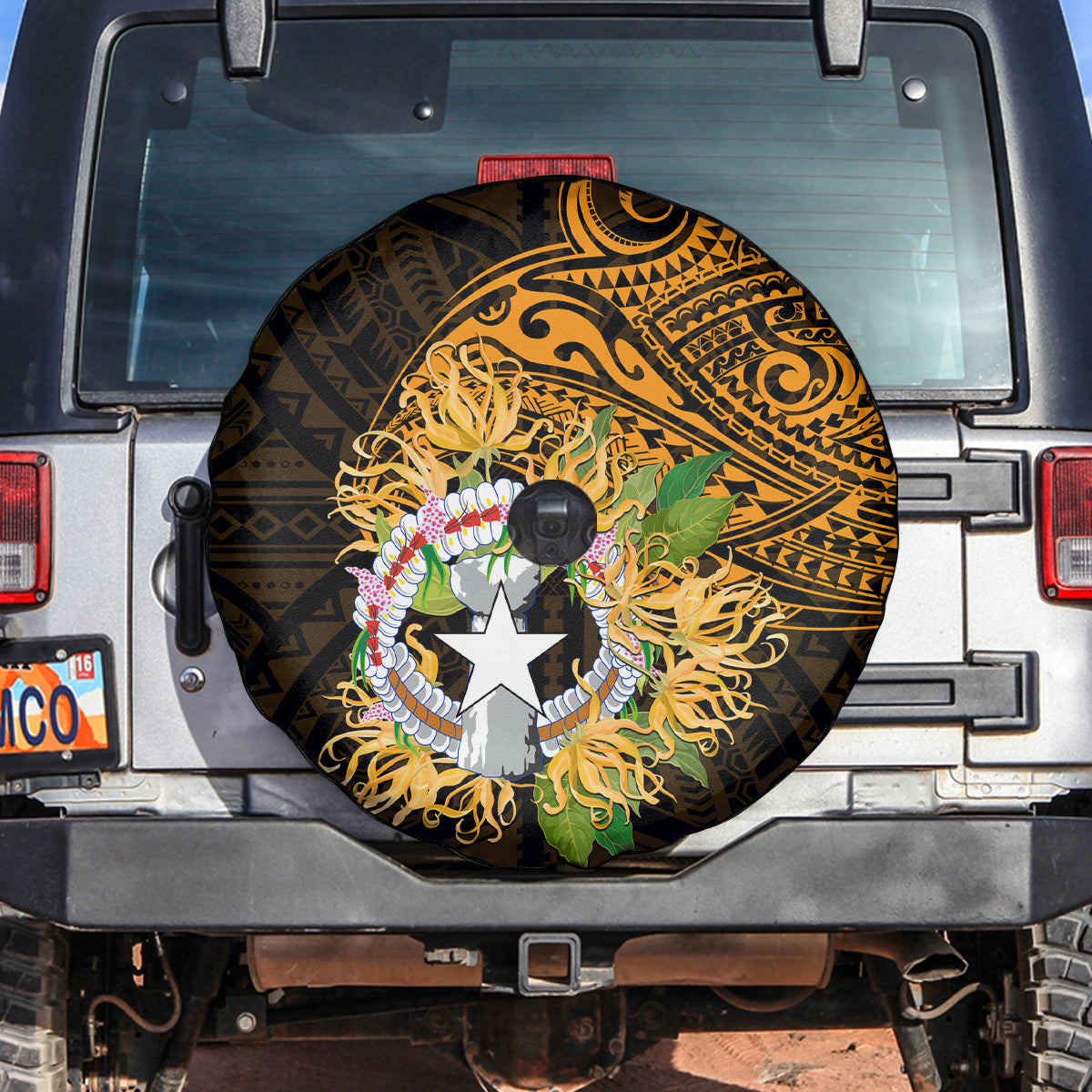 Northern Mariana Islands Ylang-ylang Mwarmwar Spare Tire Cover Polynesian Gold Style LT9 Gold - Polynesian Pride