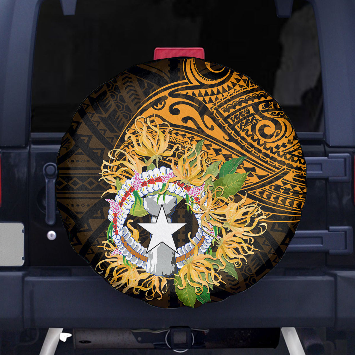 Northern Mariana Islands Ylang-ylang Mwarmwar Spare Tire Cover Polynesian Gold Style