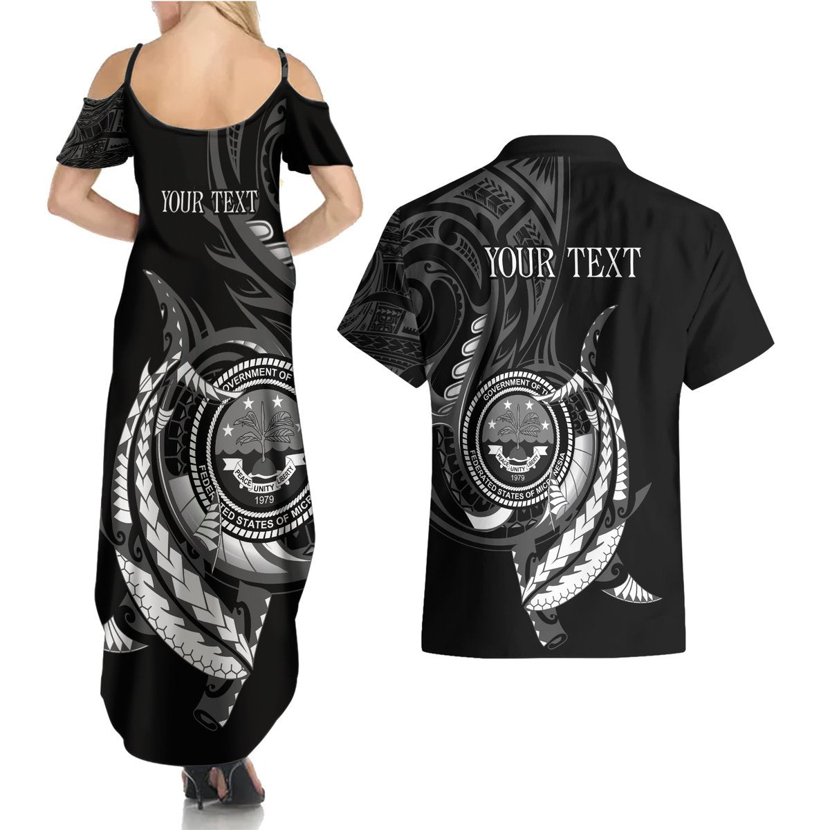 Personalised FSM Culture Day Couples Matching Summer Maxi Dress and Hawaiian Shirt Hammerhead Shark Tribal 2024 LT9 - Polynesian Pride