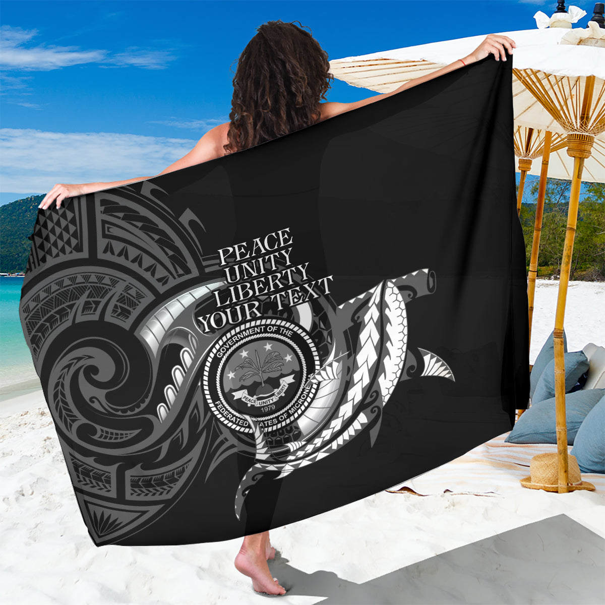 Personalised FSM Culture Day Sarong Hammerhead Shark Tribal 2024 LT9 One Size 44 x 66 inches Black - Polynesian Pride