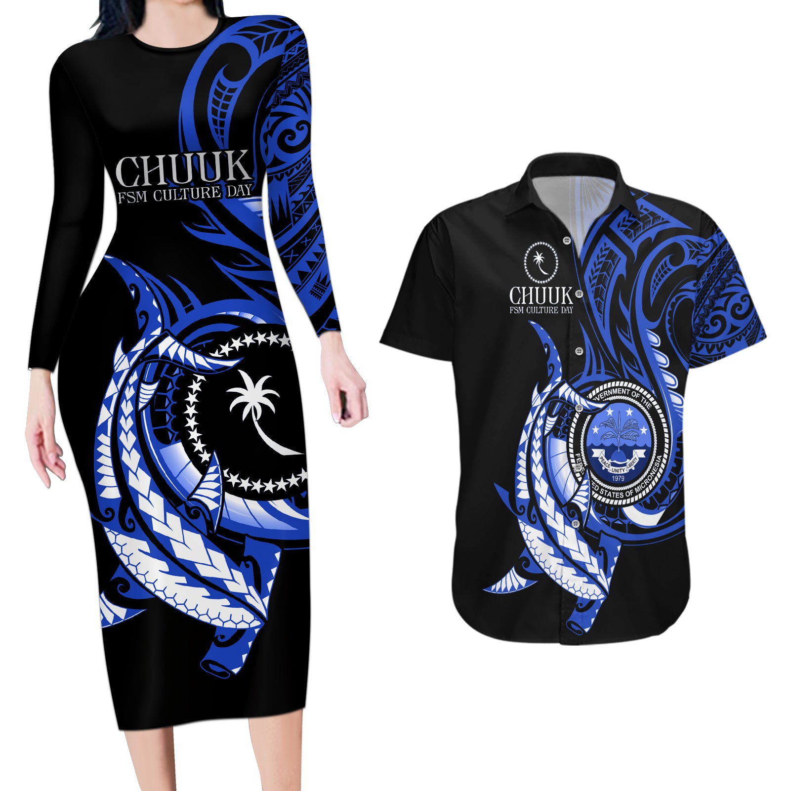 Personalised Chuuk FSM Culture Day Couples Matching Long Sleeve Bodycon Dress and Hawaiian Shirt Hammerhead Shark Tattoo 2024 LT9 Blue - Polynesian Pride