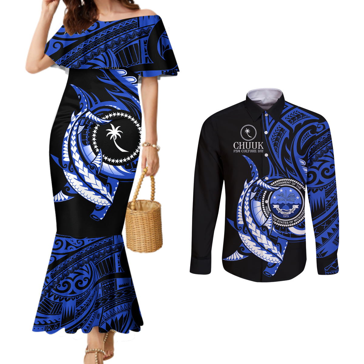 Personalised Chuuk FSM Culture Day Couples Matching Mermaid Dress and Long Sleeve Button Shirt Hammerhead Shark Tattoo 2024 LT9 Blue - Polynesian Pride