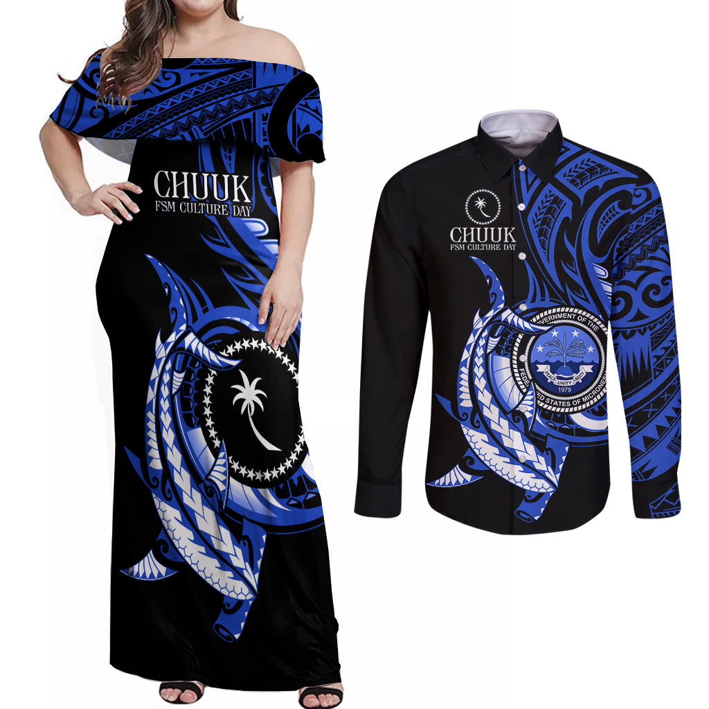 Personalised Chuuk FSM Culture Day Couples Matching Off Shoulder Maxi Dress and Long Sleeve Button Shirt Hammerhead Shark Tattoo 2024 LT9 Blue - Polynesian Pride