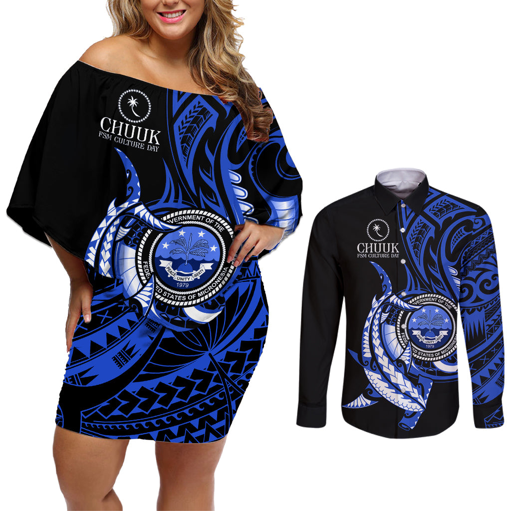 Personalised Chuuk FSM Culture Day Couples Matching Off Shoulder Short Dress and Long Sleeve Button Shirt Hammerhead Shark Tattoo 2024 LT9 Blue - Polynesian Pride