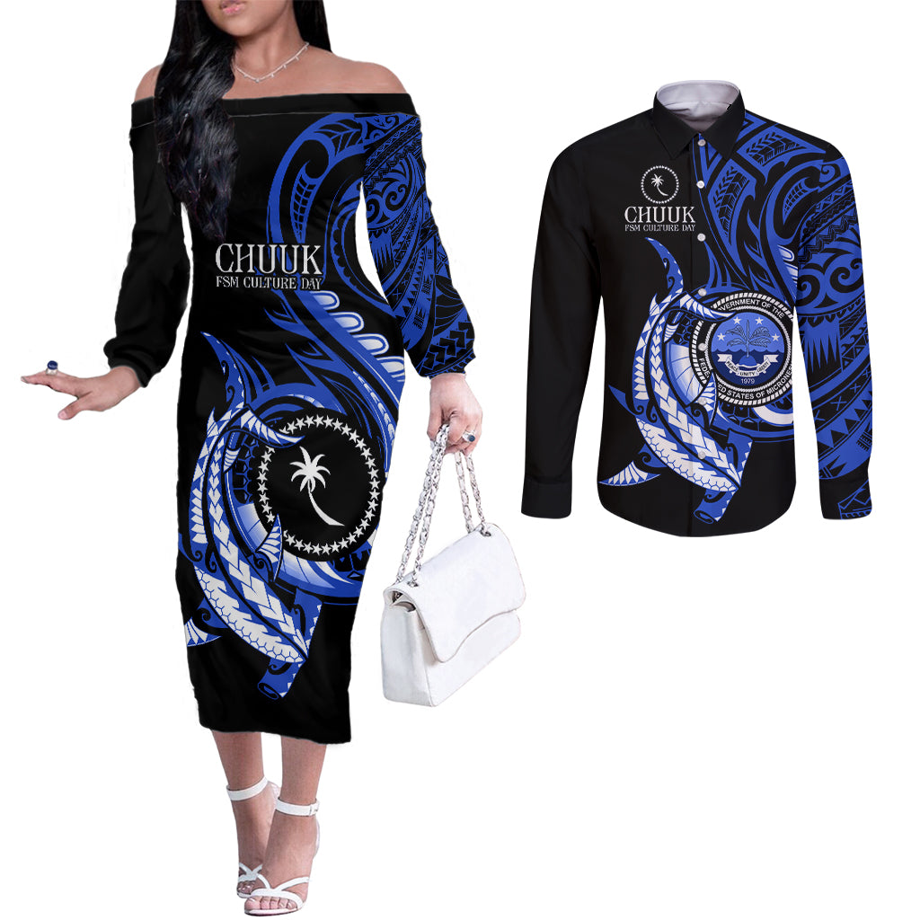 Personalised Chuuk FSM Culture Day Couples Matching Off The Shoulder Long Sleeve Dress and Long Sleeve Button Shirt Hammerhead Shark Tattoo 2024 LT9 Blue - Polynesian Pride