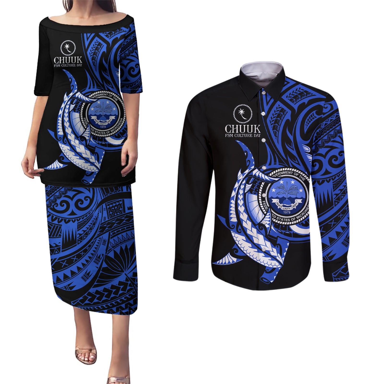 Personalised Chuuk FSM Culture Day Couples Matching Puletasi and Long Sleeve Button Shirt Hammerhead Shark Tattoo 2024 LT9 Blue - Polynesian Pride