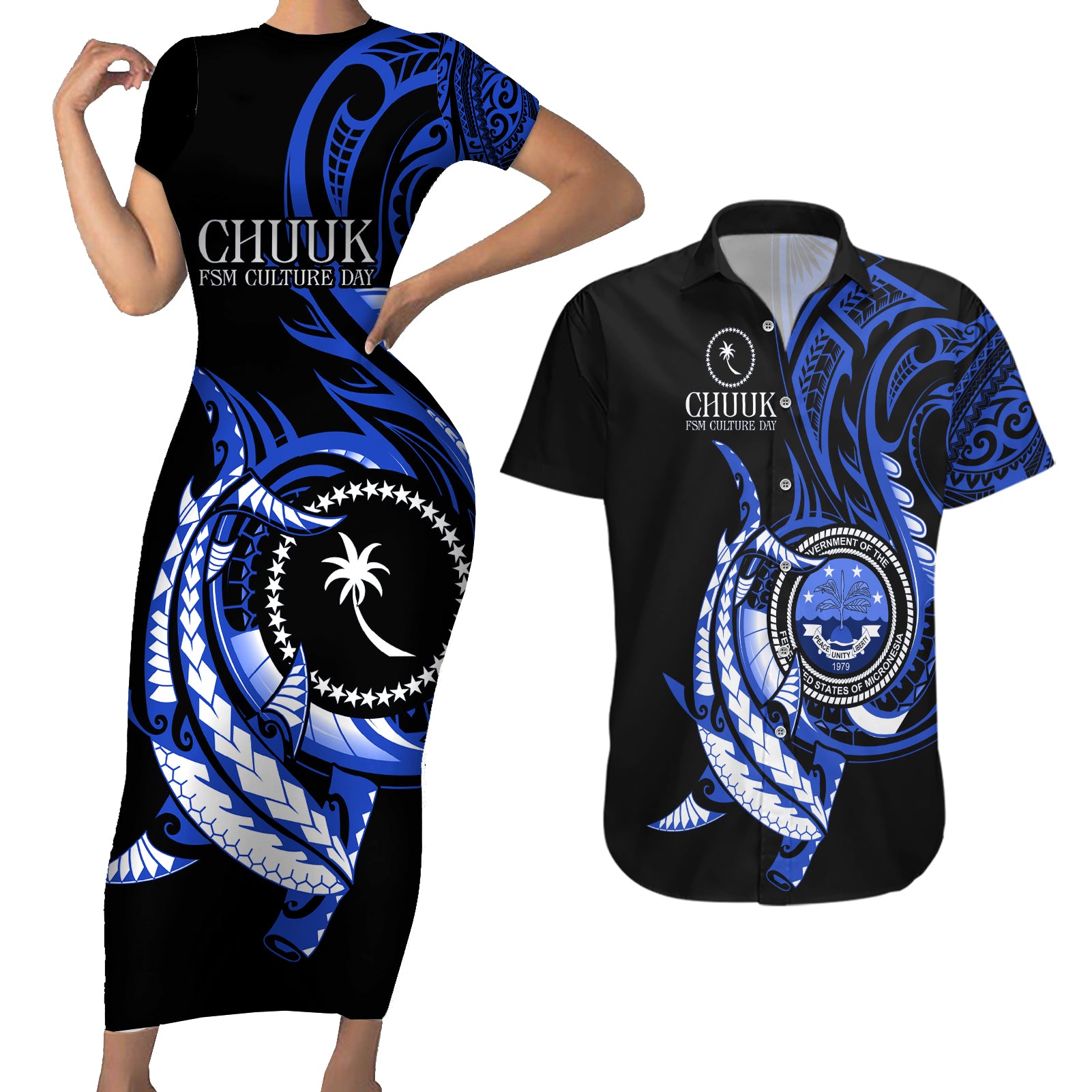 Personalised Chuuk FSM Culture Day Couples Matching Short Sleeve Bodycon Dress and Hawaiian Shirt Hammerhead Shark Tattoo 2024 LT9 Blue - Polynesian Pride