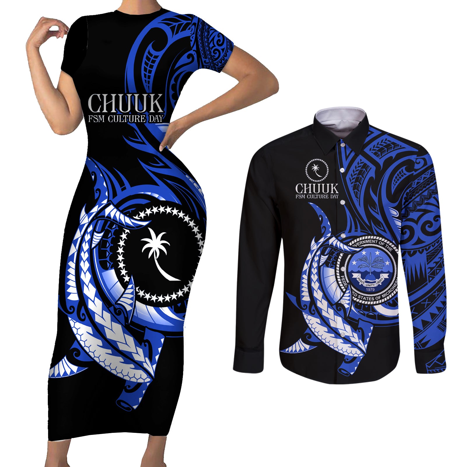 Personalised Chuuk FSM Culture Day Couples Matching Short Sleeve Bodycon Dress and Long Sleeve Button Shirt Hammerhead Shark Tattoo 2024 LT9 Blue - Polynesian Pride