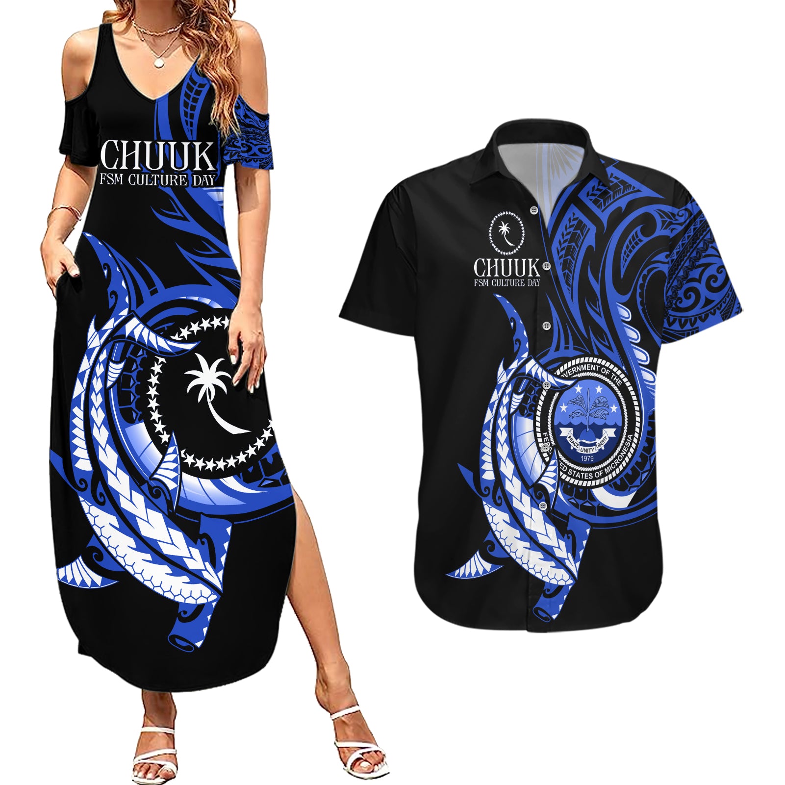 Personalised Chuuk FSM Culture Day Couples Matching Summer Maxi Dress and Hawaiian Shirt Hammerhead Shark Tattoo 2024 LT9 Blue - Polynesian Pride