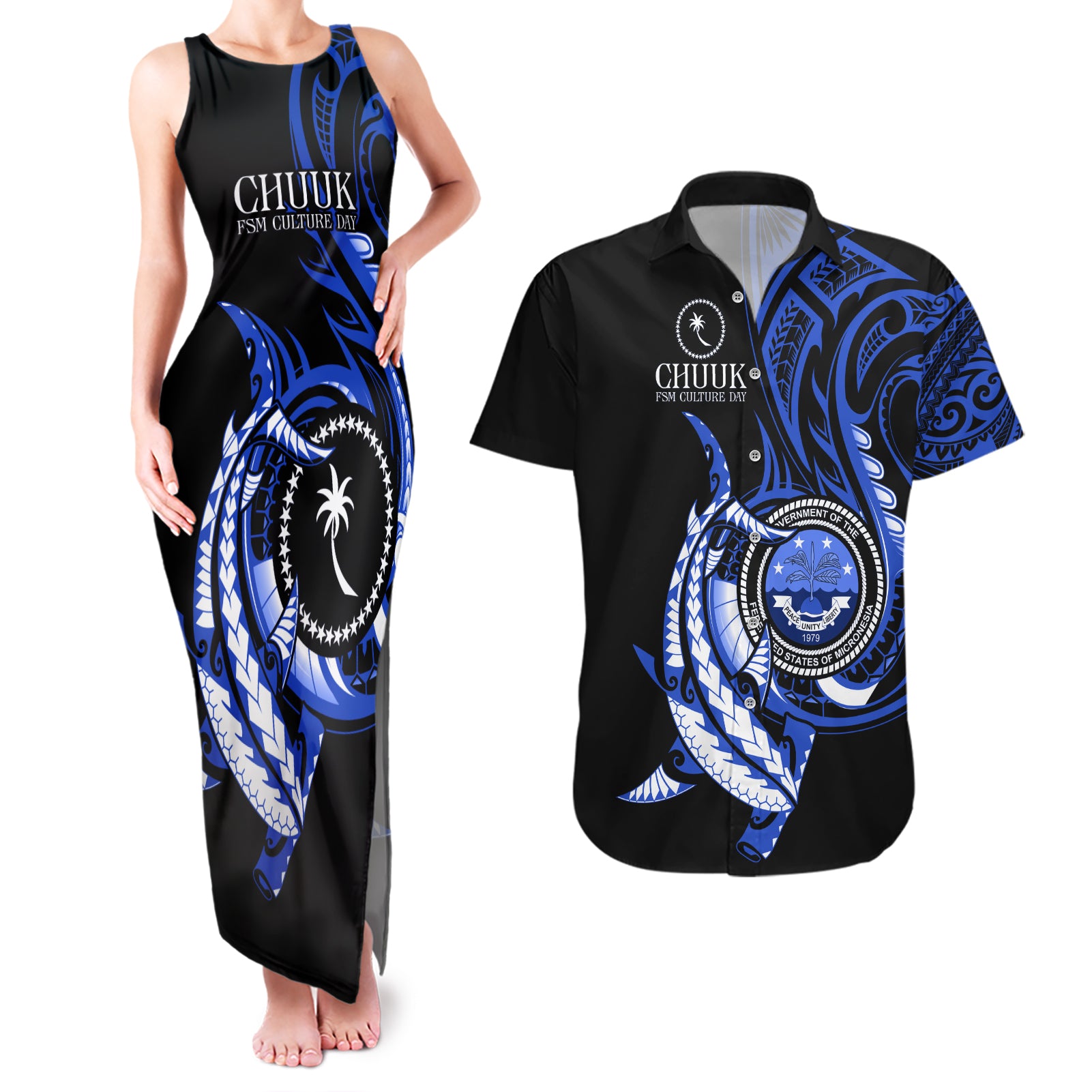 Personalised Chuuk FSM Culture Day Couples Matching Tank Maxi Dress and Hawaiian Shirt Hammerhead Shark Tattoo 2024 LT9 Blue - Polynesian Pride